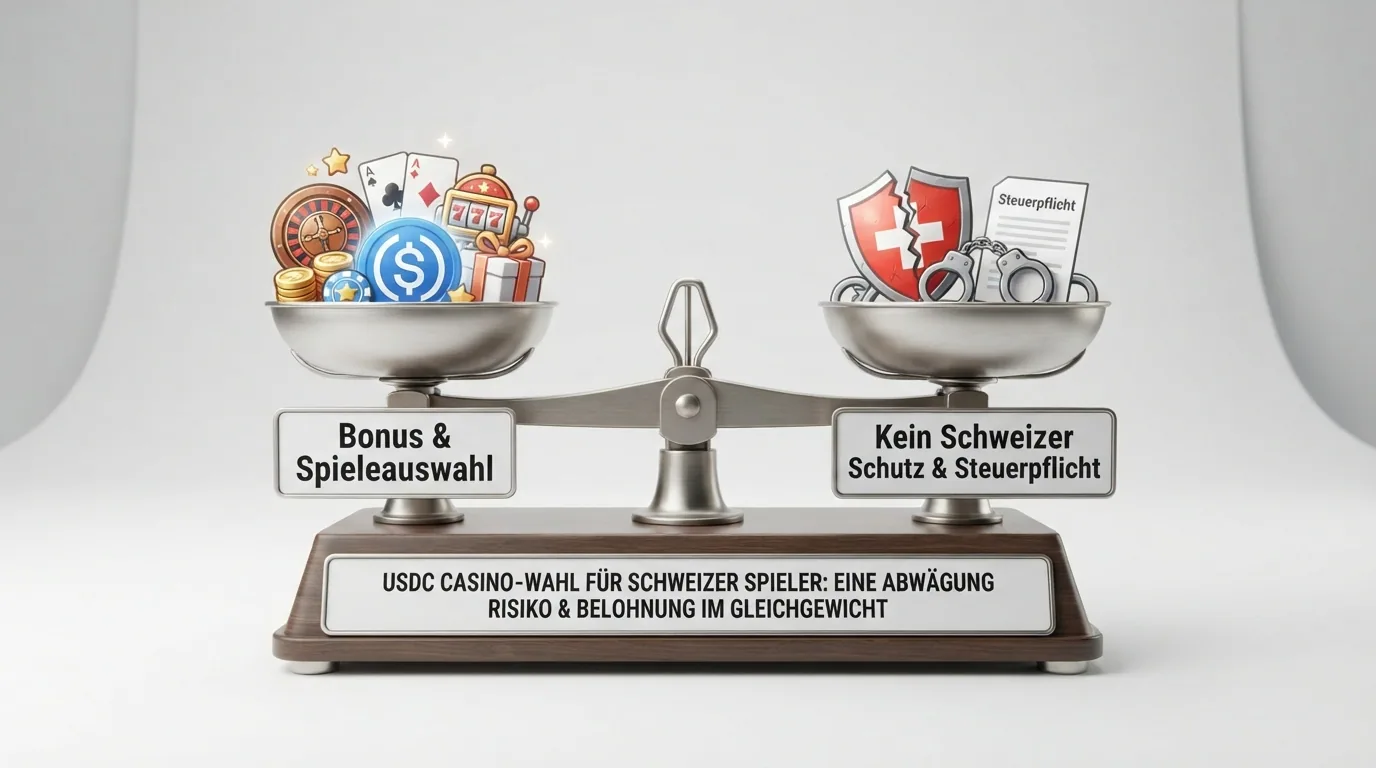 Eine stilisierte Waage mit zwei Schalen: links «Bonus & Spieleauswahl», rechts «Kein Schweizer Schutz & Steuerpflicht», die Waage ist im Gleichgewicht