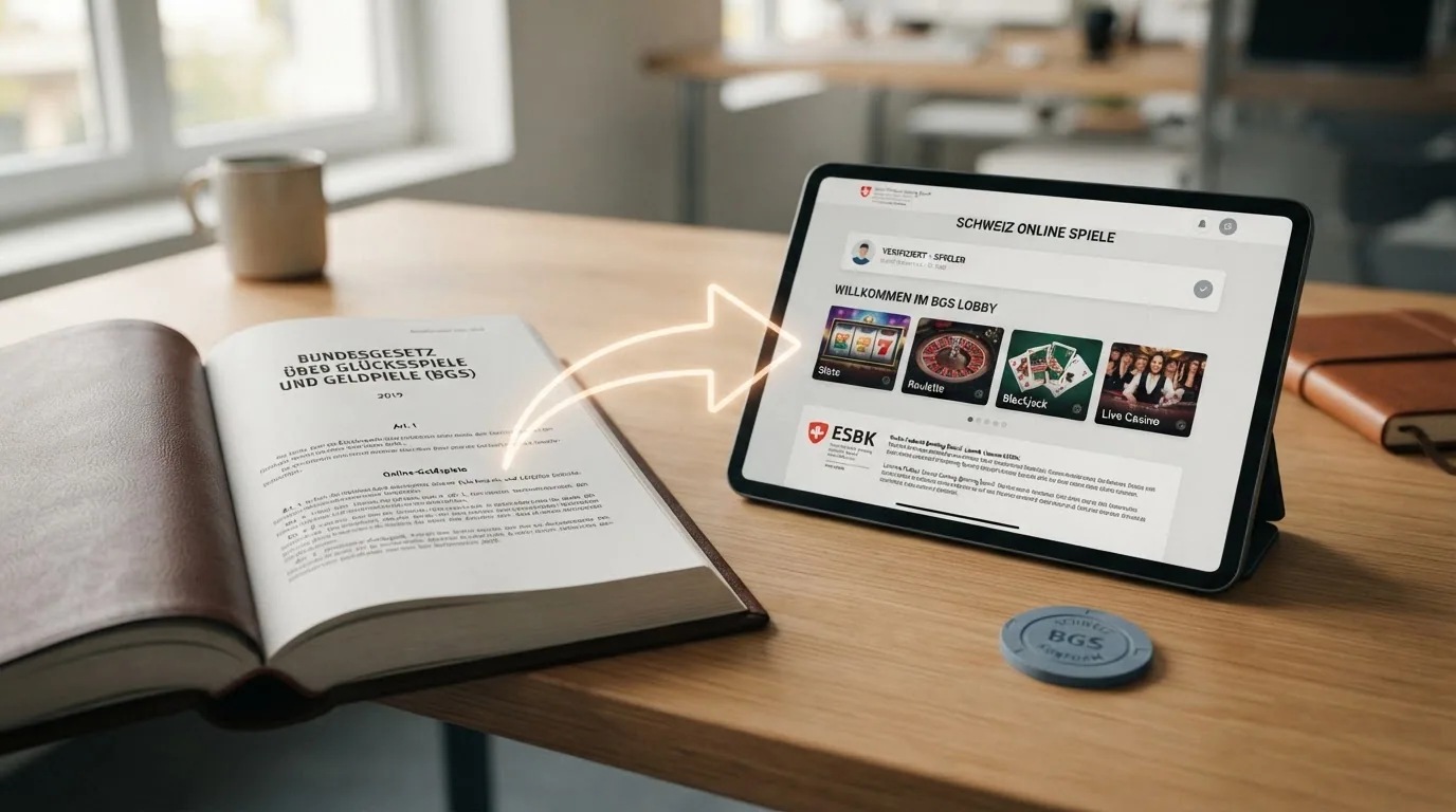 Ein aufgeschlagenes Gesetzbuch (BGS) neben einem Tablet mit Casino-Oberfläche, verbunden durch einen Pfeil