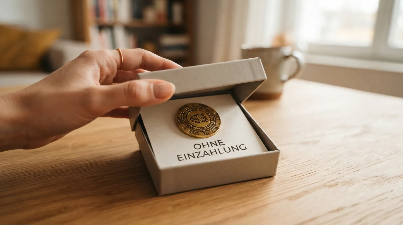 Ein geöffnetes Geschenkpaket mit dem Schriftzug «No Deposit» auf einer Schweizer Casino-Plattform