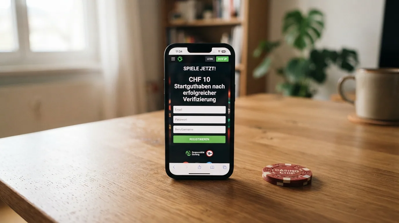 Registrierungsbildschirm eines Schweizer Online-Casinos mit dem Hinweis «CHF 10 Startguthaben nach erfolgreicher Verifizierung»