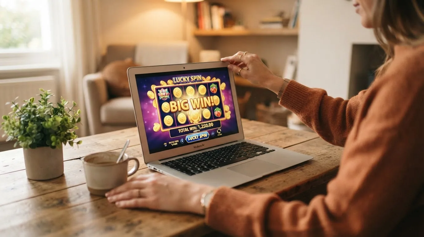 Zufriedener Spieler schliesst Laptop nach einer Casino-Session mit kleinem Einsatz