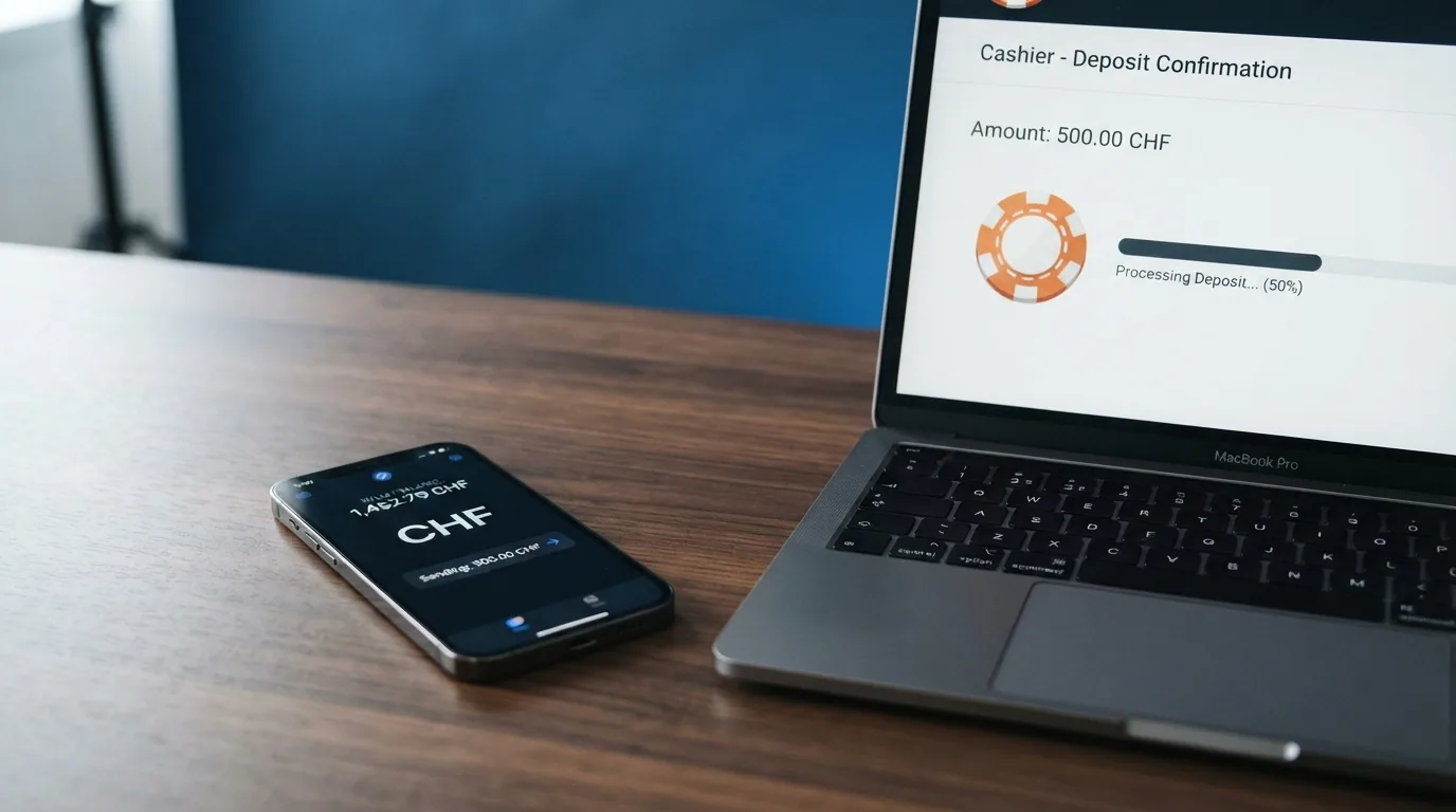 Ein Smartphone mit geöffneter Wallet-App neben einem Laptop mit Casino-Oberfläche, ein BCH-Symbol wandert von links nach rechts