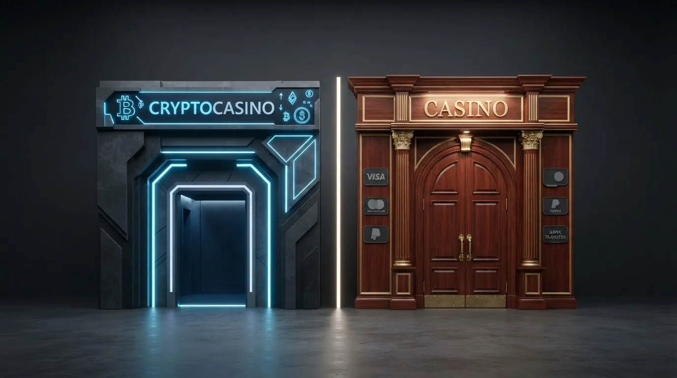 Zwei Casino-Eingänge nebeneinander: links eine futuristische Krypto-Fassade, rechts ein klassisches Portal mit Visa- und Mastercard-Aufklebern