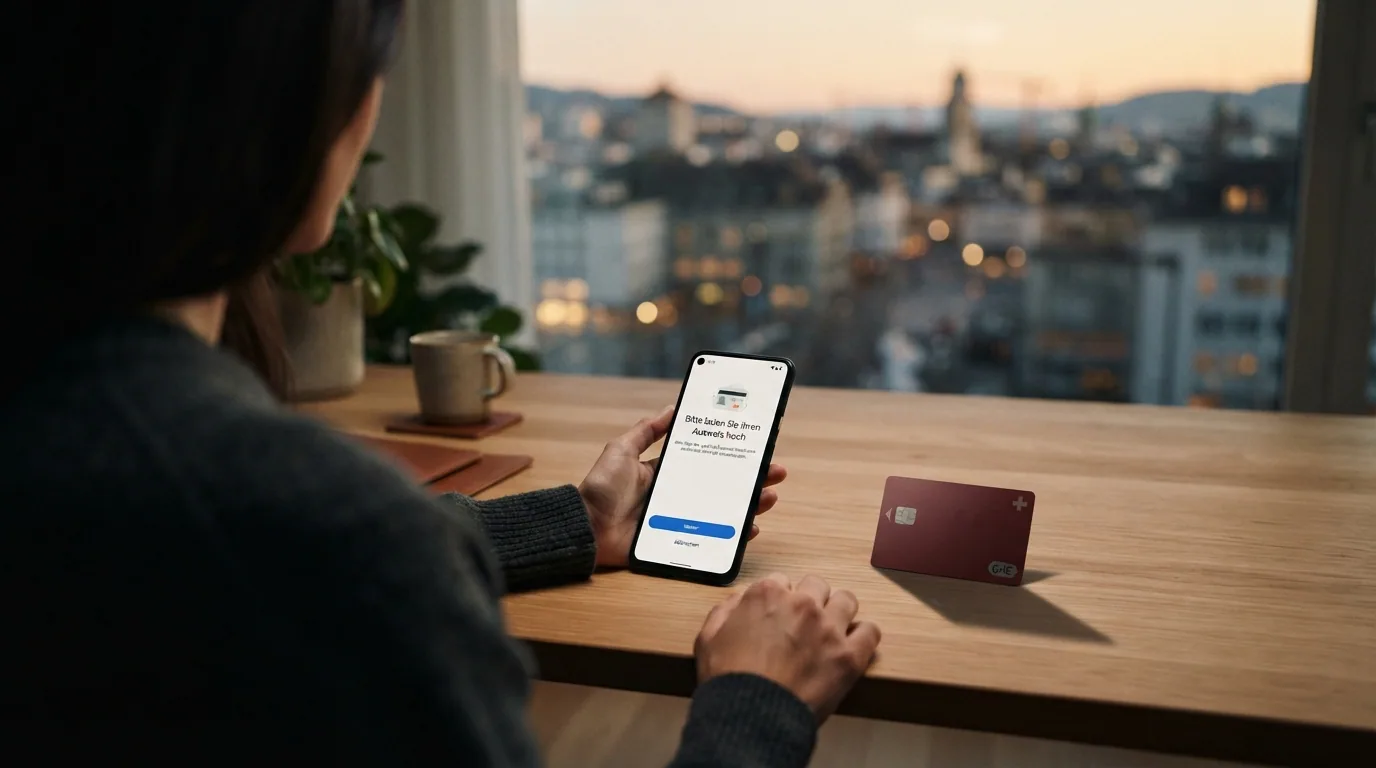 Ein aufgeschnittenes Smartphone-Display, das einen Ausweis-Scan zeigt, während daneben ein Bitcoin-Logo durchgestrichen ist
