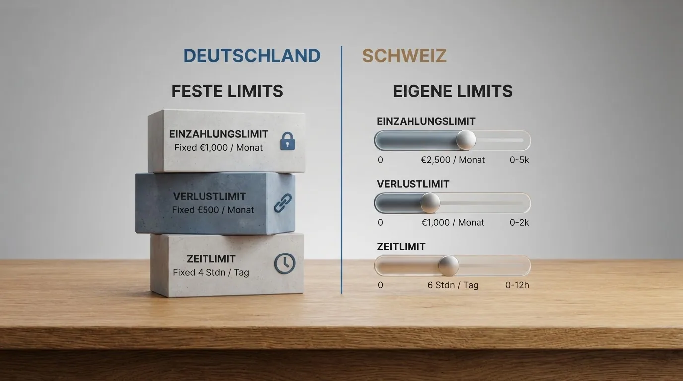 Geteilte Infografik: links Deutschland mit seinen Fix-Limits, rechts die Schweiz mit ihrem Sozialkonzept-Modell