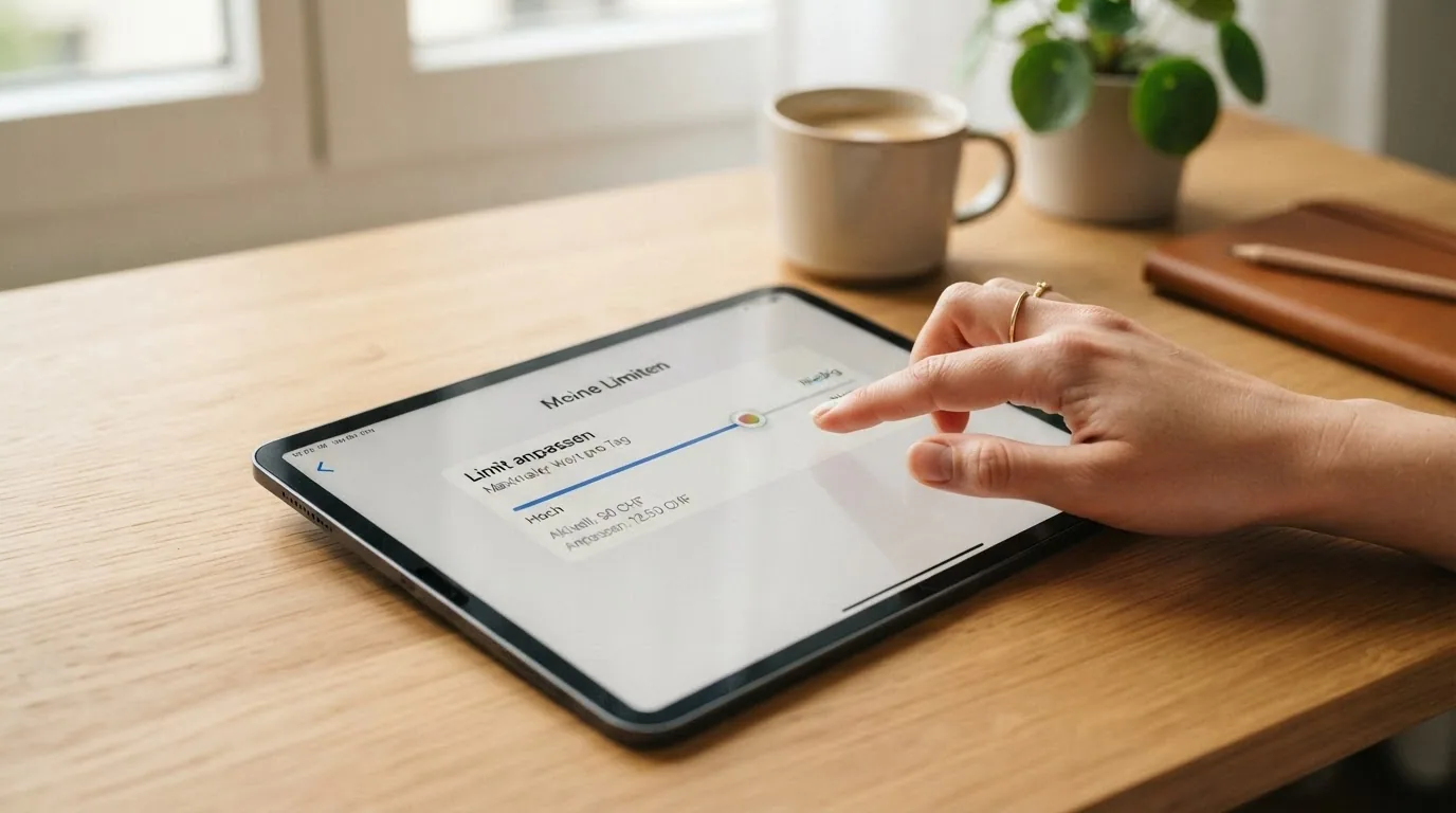 Schweizer Spieler am Laptop mit geöffnetem Limits-Fenster und Kaffeetasse — kontrollierte Spielsituation
