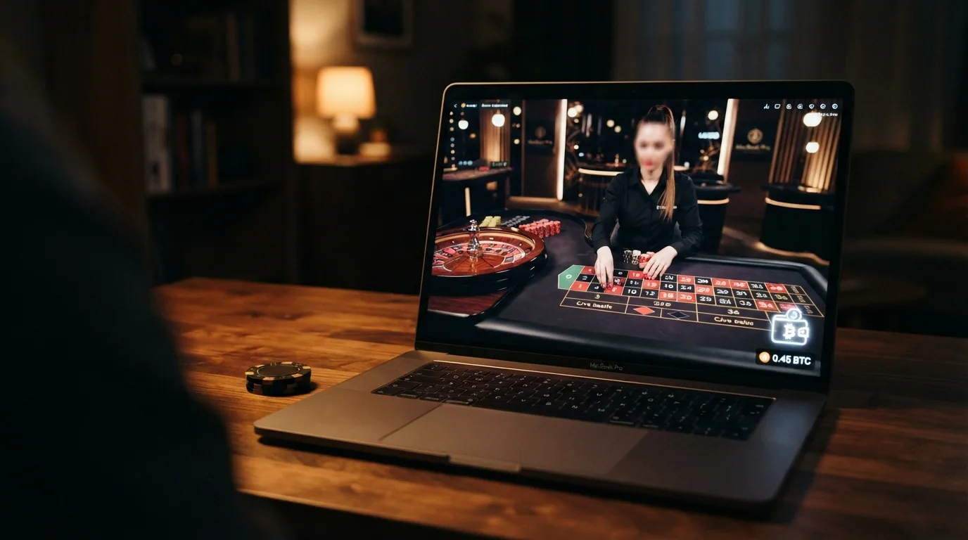 Ein Live-Dealer-Tisch mit Roulette-Rad, auf dem Bildschirm daneben ein ETH-Wallet-Symbol eingeblendet