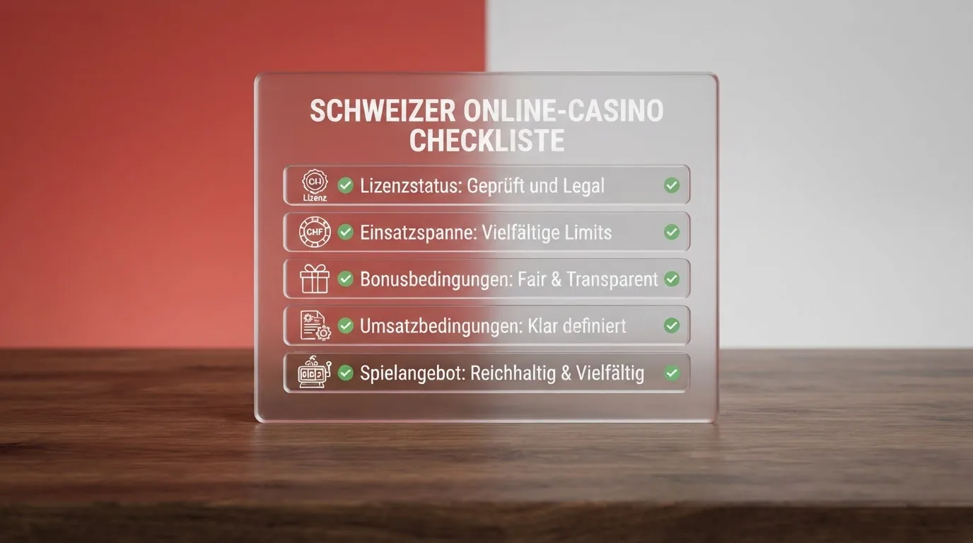 Pruefliste mit fuenf Kriterien fuer die Casino-Bewertung: Lizenz, Einsatzspanne, Bonus, Umsatzbedingungen, Spielangebot