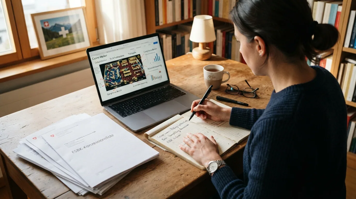 Ein Schreibtisch mit Prüfunterlagen: ESBK-Konzessionsliste, Betreiber-Websites und Bewertungsmatrix