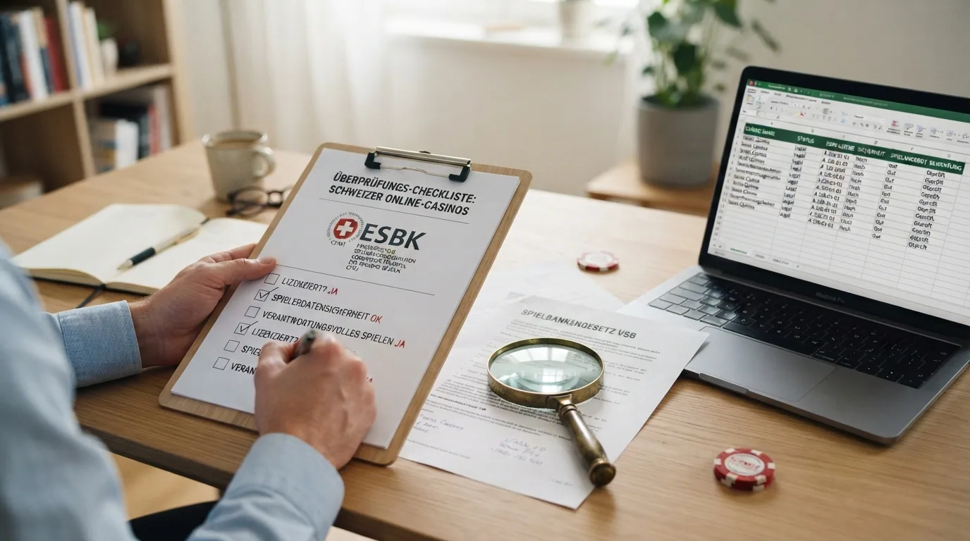 Eine Checkliste auf Klemmbrett mit ESBK-Siegel, darüber eine Lupe