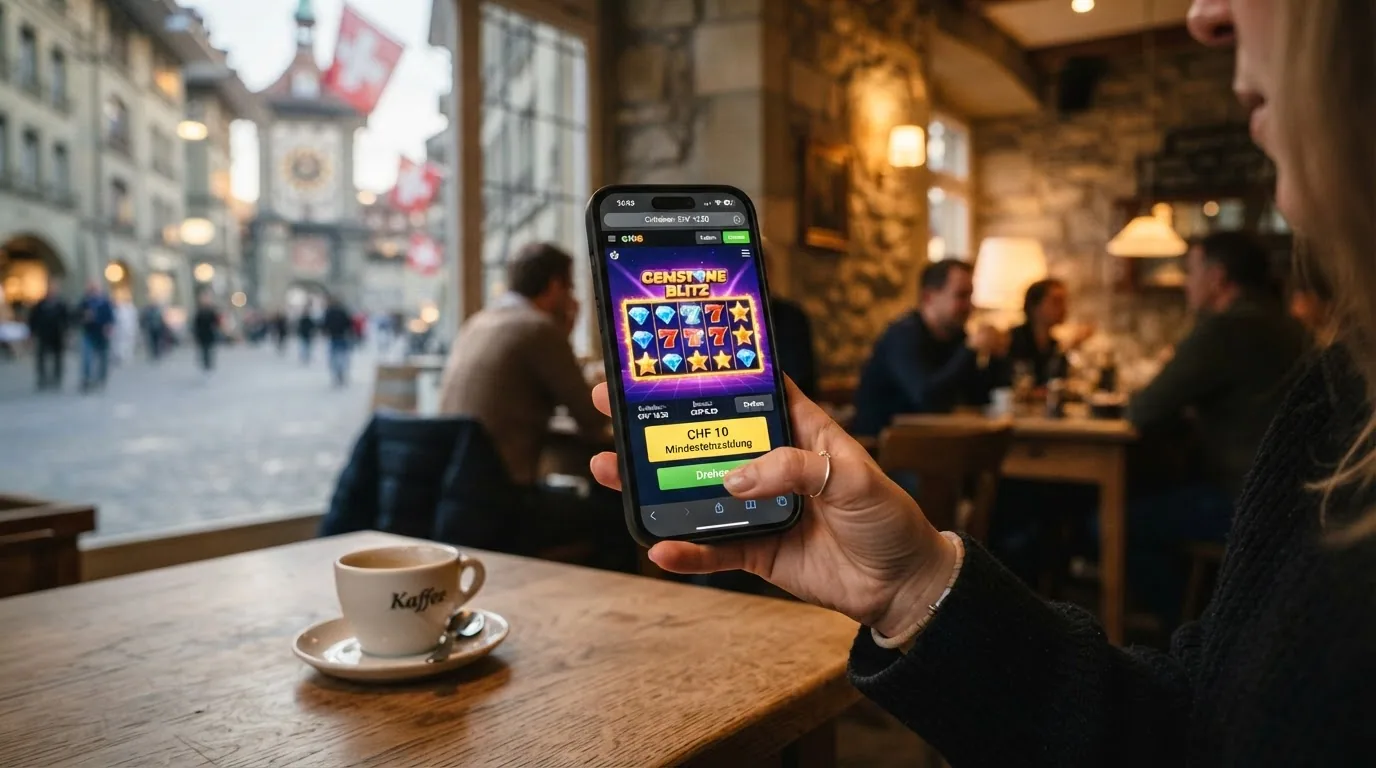 Smartphone mit Casino-Oberfläche, eingeblendet «CHF 10 Mindesteinzahlung»