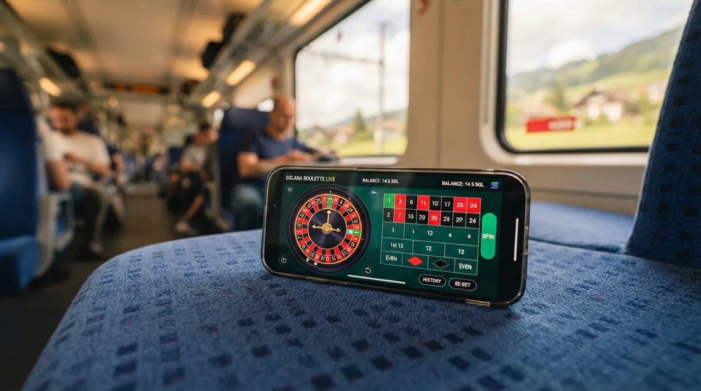 Hand mit Smartphone, darauf ein Casino-Spiel (Roulette), im Hintergrund SBB-Zugabteil