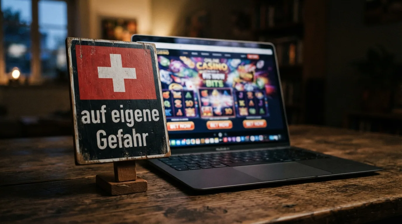 Ein Warnschild mit Schweizer Kreuz und dem Text «auf eigene Gefahr», dahinter eine angedeutete gesperrte Webseite mit durchgestrichenem Domain-Namen