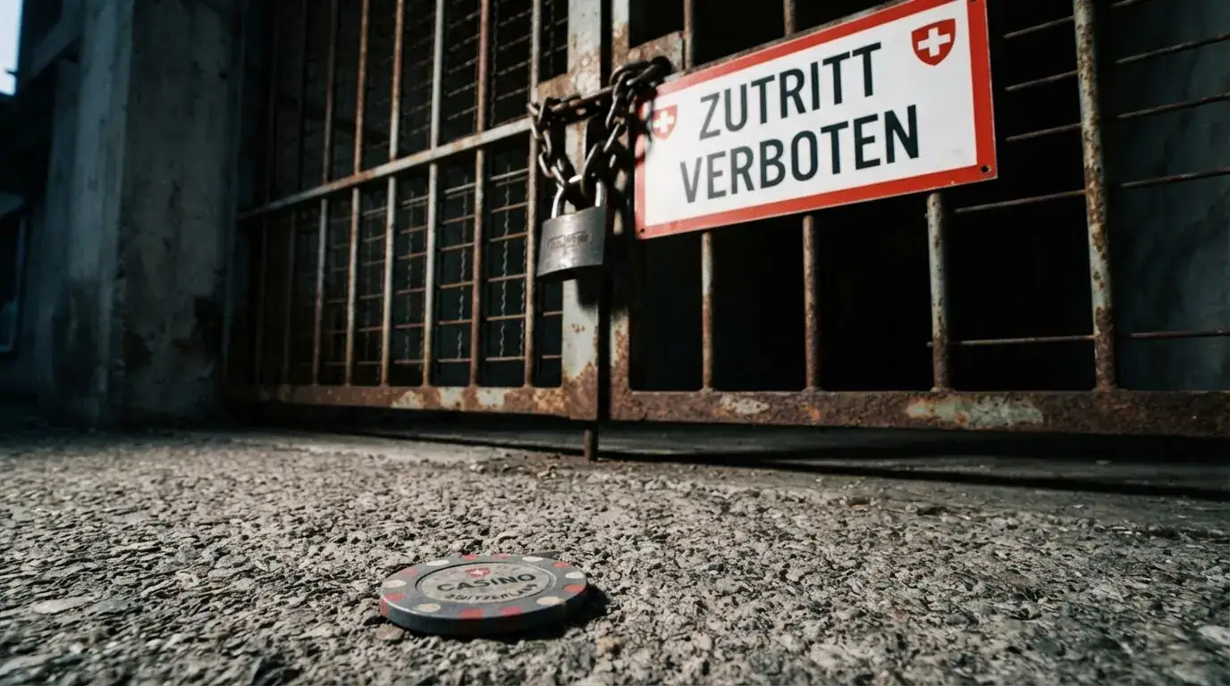 Ein Symbolbild: Ein gesperrtes Vorhängeschloss neben einem Casino-Chip mit durchgestrichener Flagge