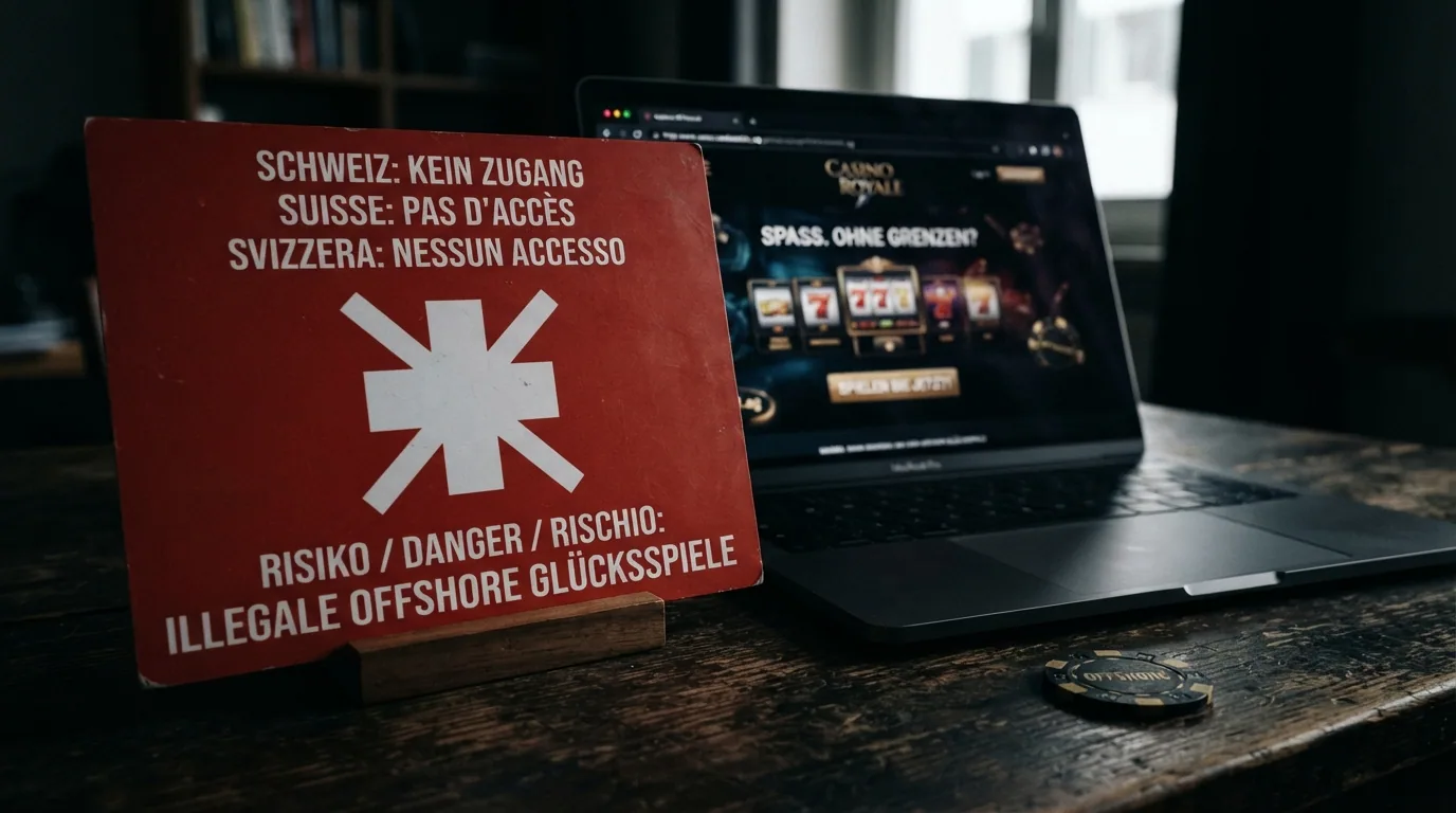 Ein rotes Warnschild vor einer stilisiierten Casino-URL mit durchgestrichenem Schweizer Kreuz