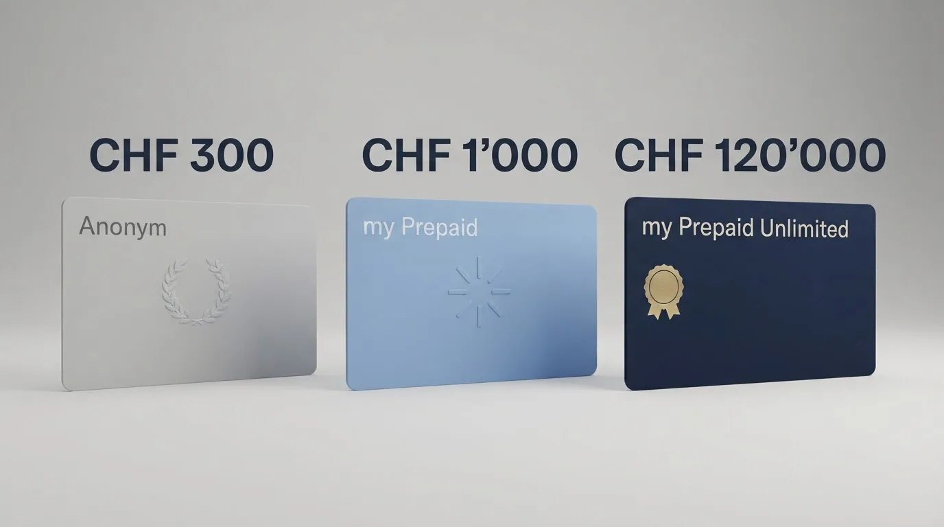 Die drei Paysafecard-Produktstufen in einer grafischen Übersicht mit ihren jeweiligen CHF-Limits