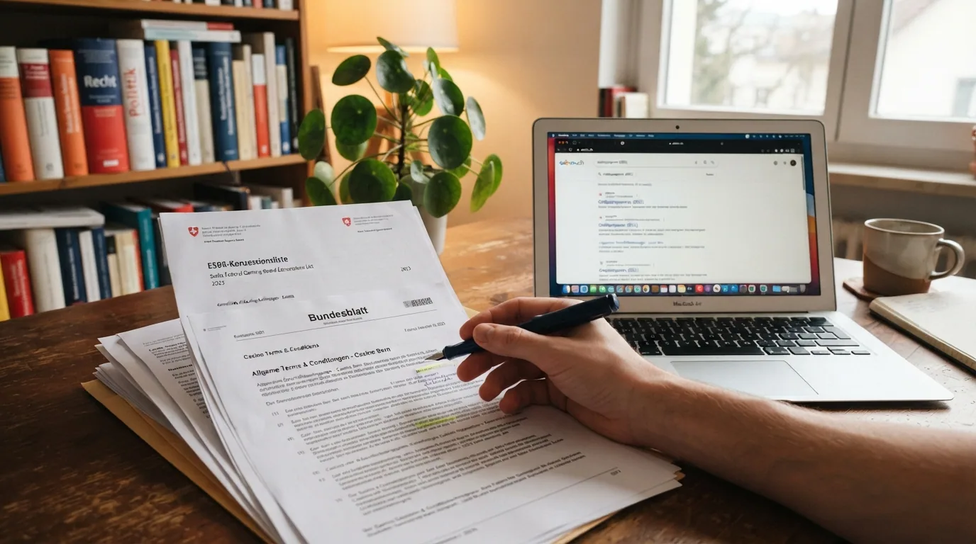 Ein Schreibtisch mit Dokumenten: ESBK-Konzessionsliste, Bundesblatt-Auszug, Betreiber-AGB im Vergleich.
