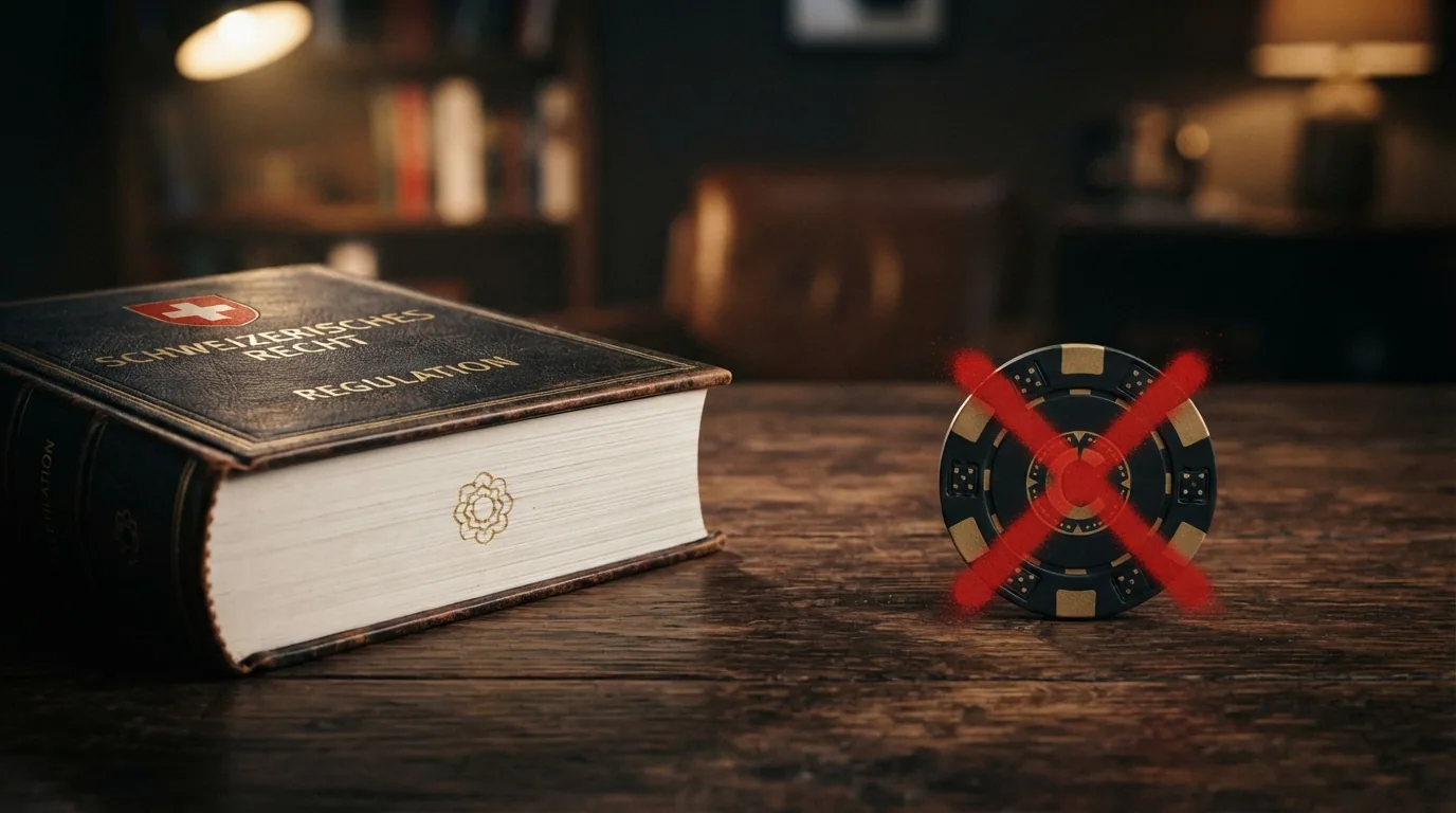 Schweizer Gesetzesbuch mit einem durchgestrichenen Krypto-Symbol, daneben das ESBK-Logo
