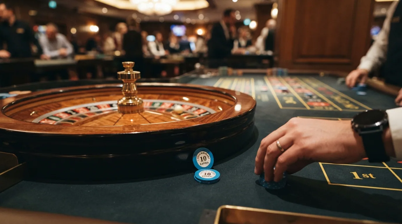 Roulette-Rad mit Chip-Stapeln in verschiedenen Farben, Nahaufnahme