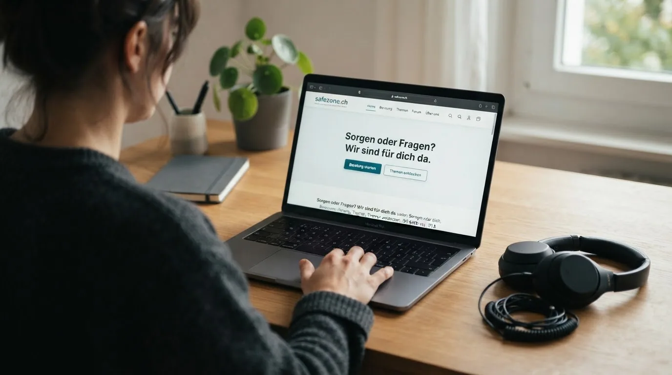 Smartphone mit geöffneter safezone.ch-Startseite und Kopfhörer-Symbol für anonyme Beratung