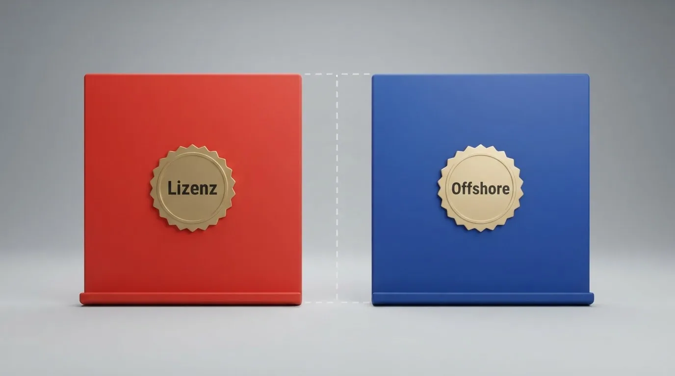 Ein visueller Vergleich: links ein Schweizer Casino mit ESBK-Siegel und CHF-Symbol, rechts ein Offshore-Casino mit Curaçao-Flagge und ADA-Symbol, dazwischen eine gestrichelte Landesgrenze