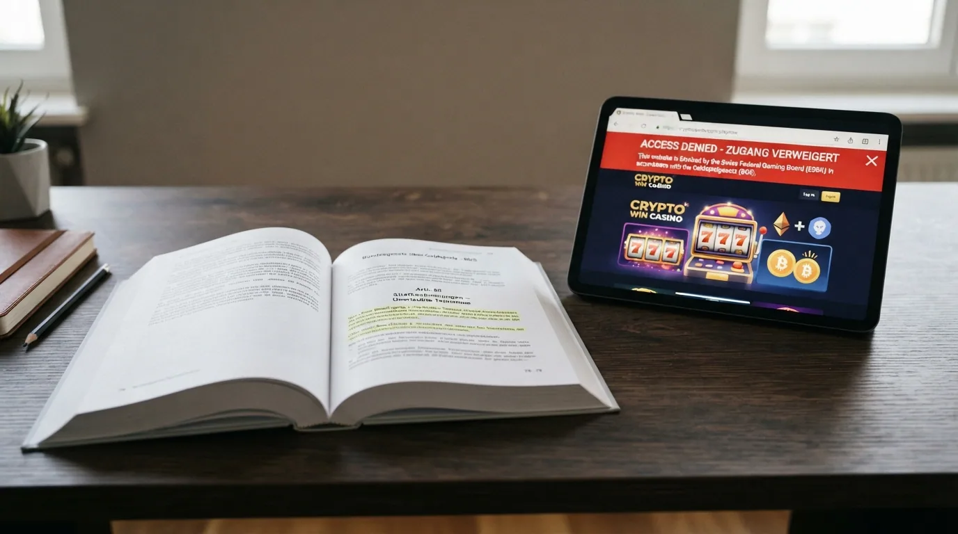 Das Bundesgesetz über Geldspiele (BGS) aufgeschlagen auf Art. 86, daneben ein Tablet mit einer gesperrten Casino-URL