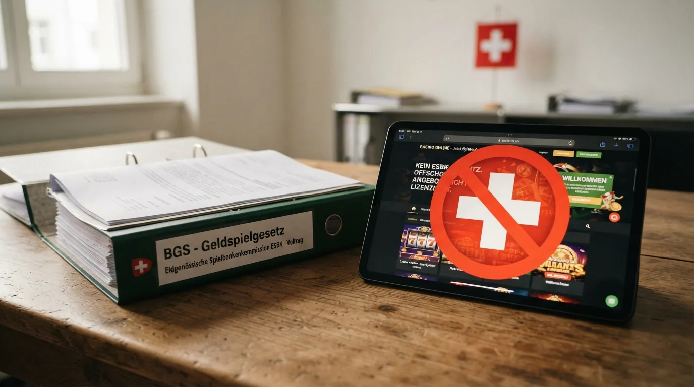 Bundesordner mit Geldspielgesetz und ESBK-Logo, daneben ein Tablet mit Casino-Startseite und durchgestrichenem Schweizer-Wappen-Symbol