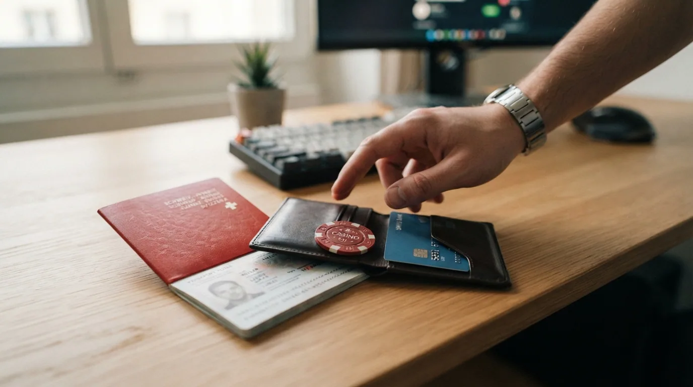 Ein Schweizer Pass liegt neben einem geöffneten Wallet mit CHF-Noten und einer Kreditkarte — die Wahl zwischen Sicherheit und Risiko.