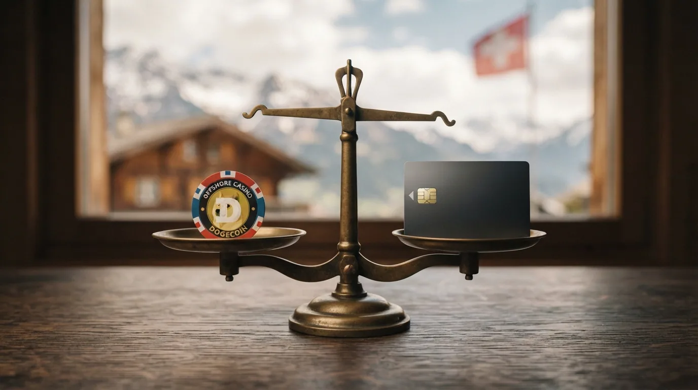 Eine Waage mit Dogecoin-Münze auf der einen und Schweizer-Franken-Münze auf der anderen Seite