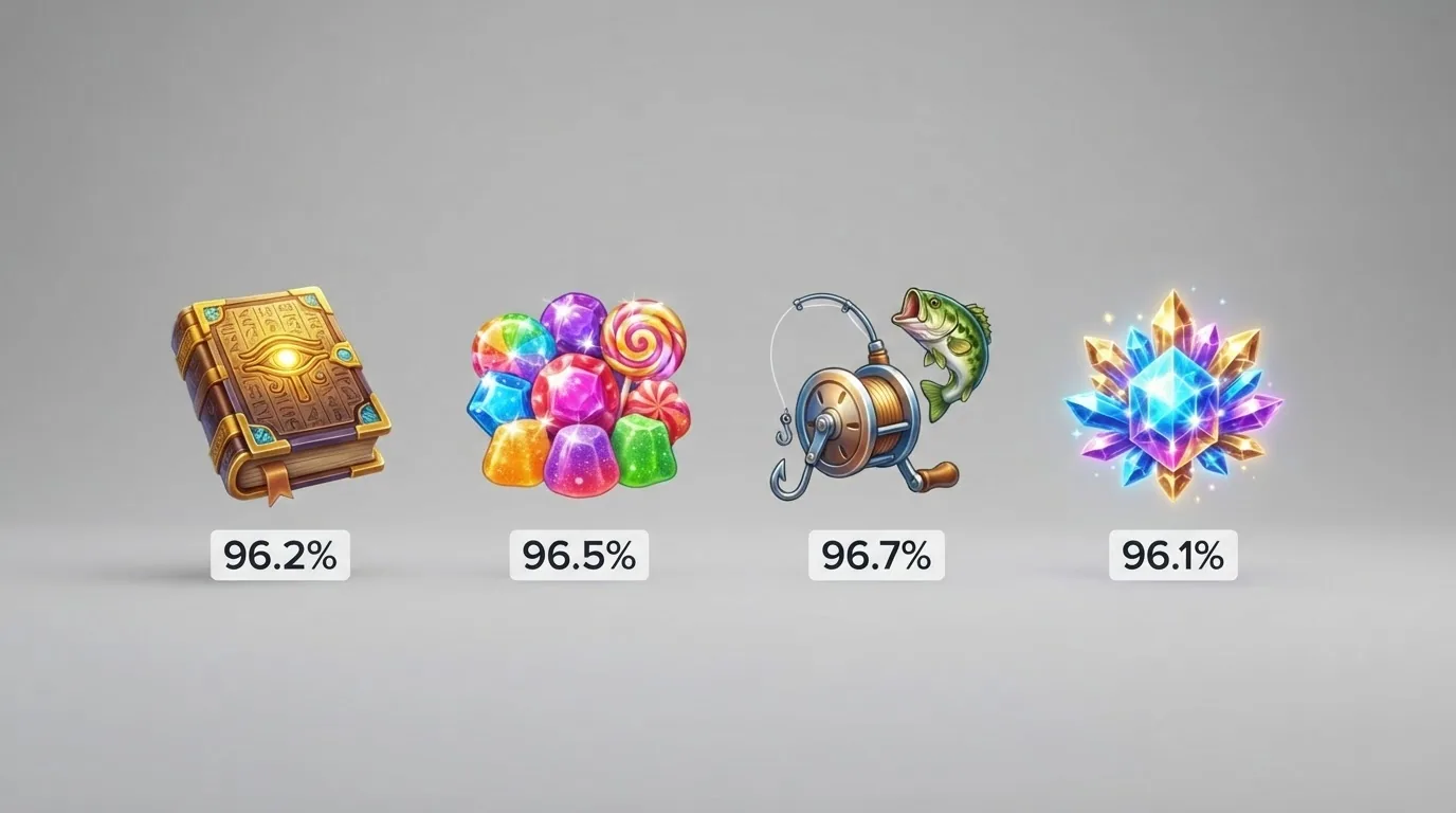 Vier Slot-Symbole (Book of Dead, Sweet Bonanza, Big Bass Bonanza, Starburst) mit Prozentangaben darunter