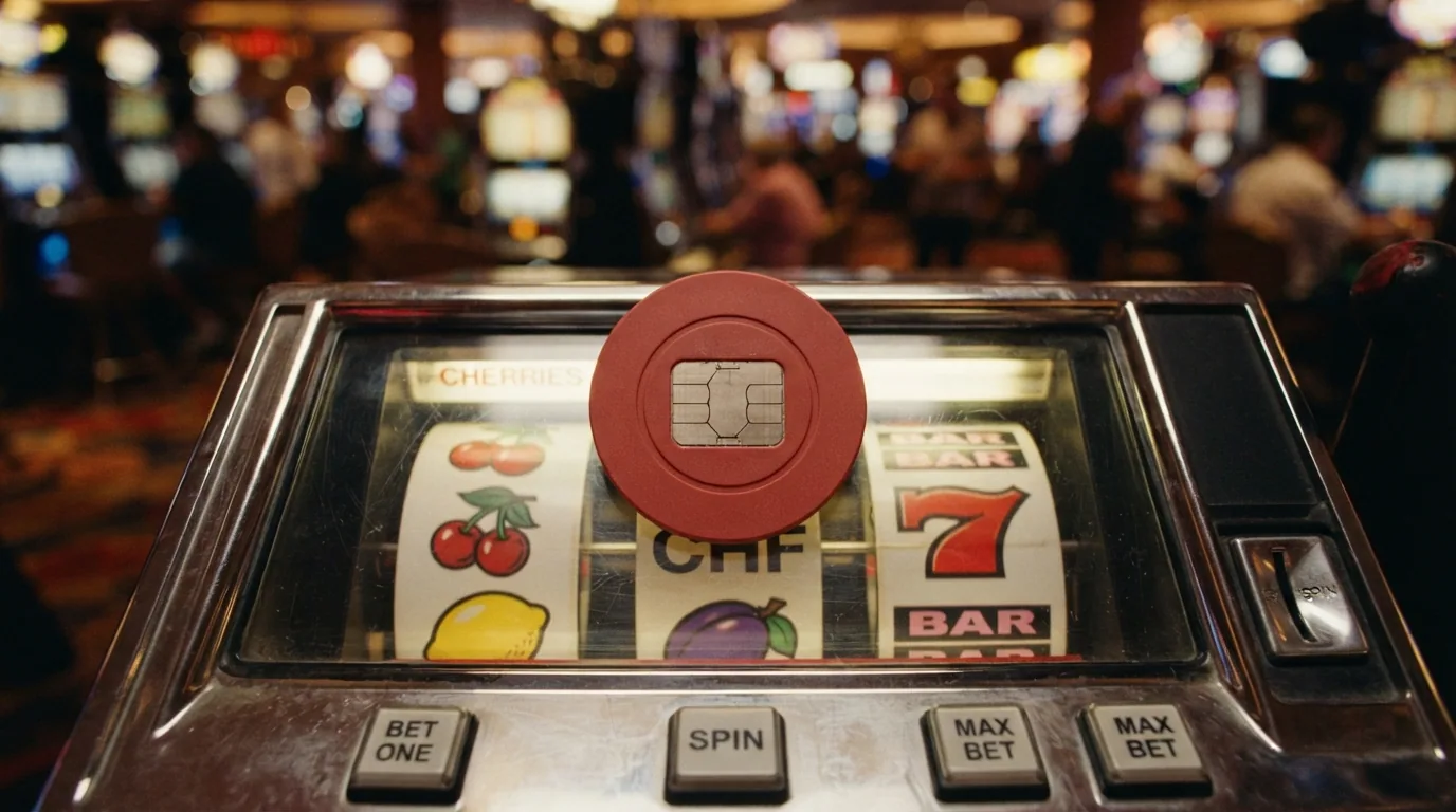 Eine Slot-Walze mit einem Cent-Symbol und einer Schweizer Franken-Münze daneben auf einem Smartphone