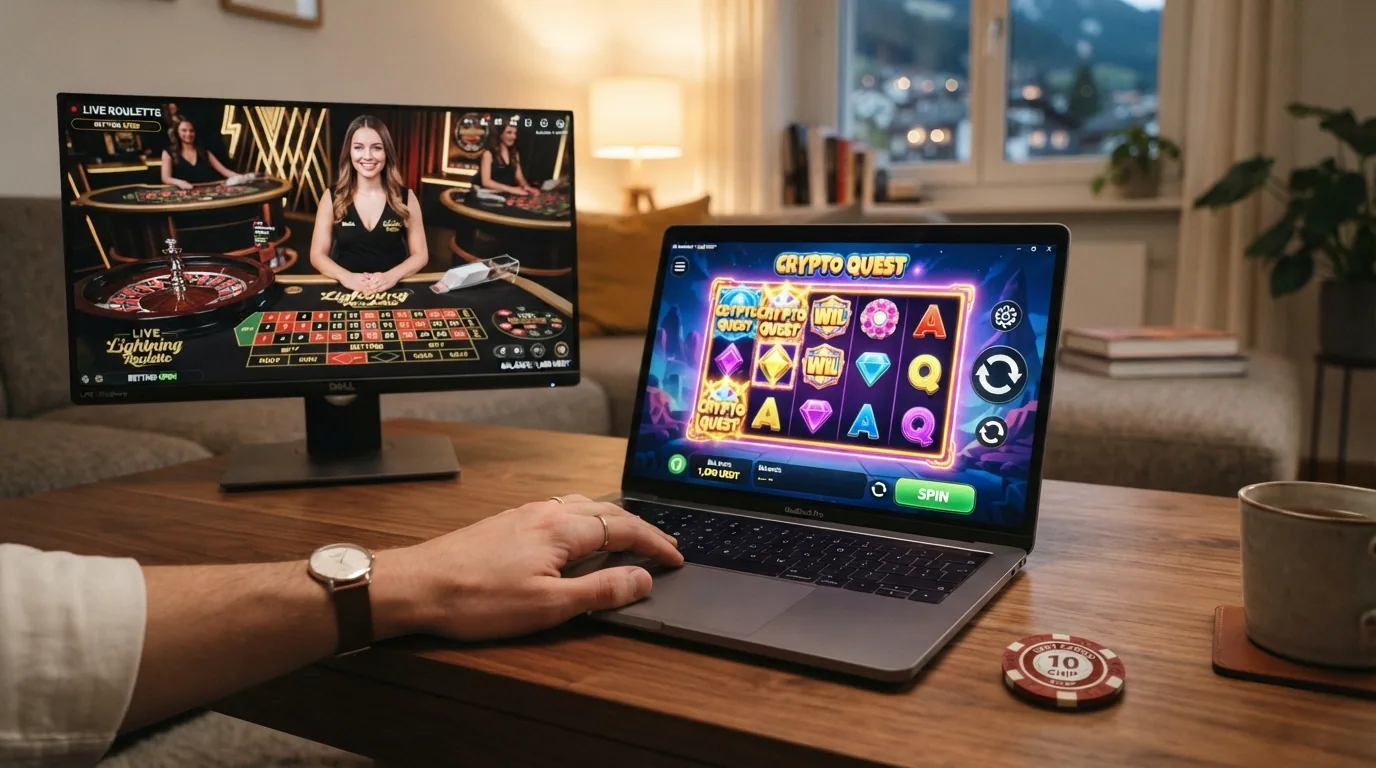 Bildschirm mit drei Slot-Walzen, dahinter ein Live-Dealer-Tisch auf einem zweiten Monitor