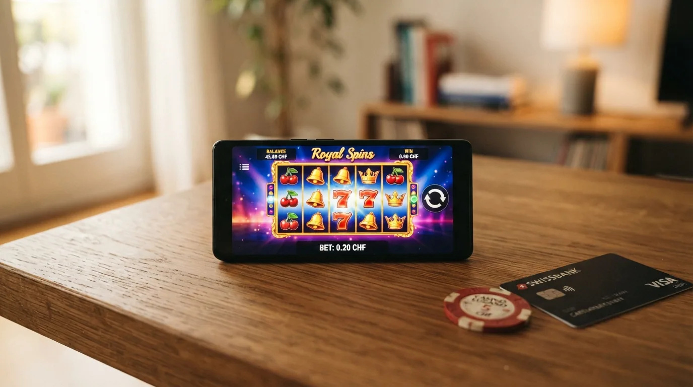 Bildschirmansicht eines Online-Spielautomaten mit sichtbarem Mindesteinsatz von 0,20 CHF pro Runde und einem Guthaben von 5 CHF