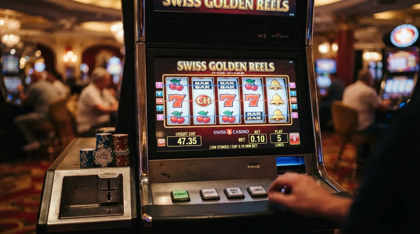 Ein Spielautomat mit fünf Walzen, dessen Einsatz-Anzeige auf CHF 0.10 gestellt ist, daneben ein CHF 10-Guthaben-Zähler