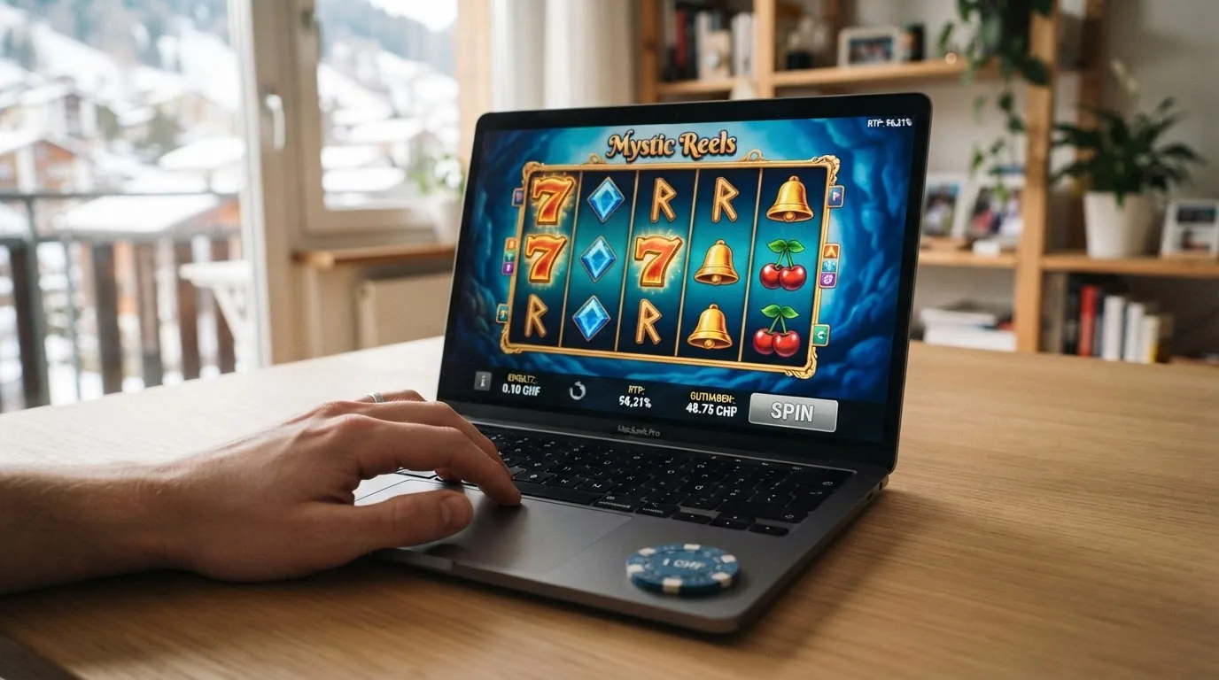 Spielautomat mit sichtbarem Einsatzfeld «0.10 CHF» und RTP-Anzeige «96,21%»