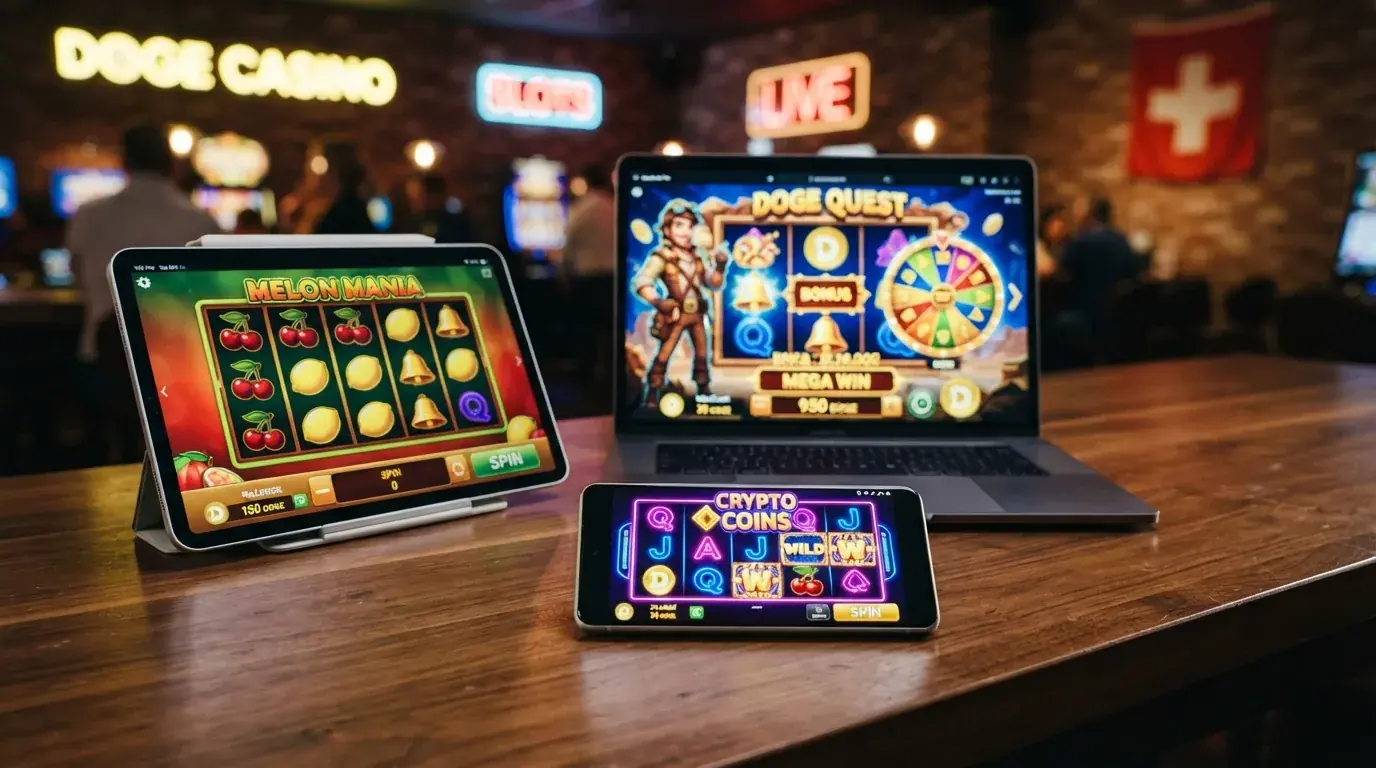 Eine bunte Bildschirm-Collage aus Slot-Spielen, Roulette und Blackjack