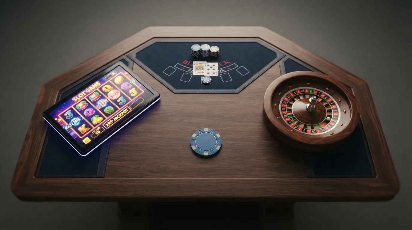Spieltisch mit Slot-Screen, Blackjack-Karten und Roulette-Rad, überlagert von einem XRP-Symbol