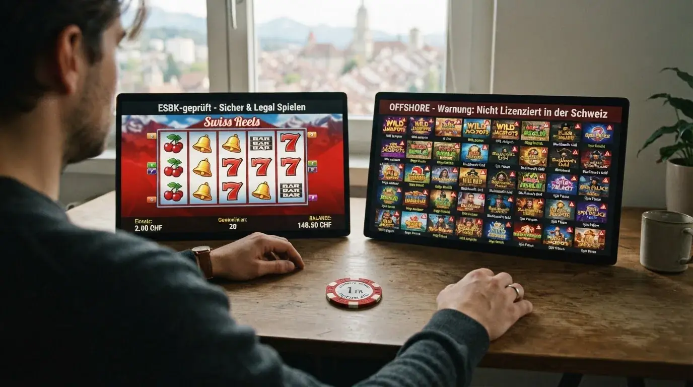 Raster aus Slot-Spielkacheln: links unter der Überschrift «ESBK-geprüft» eine kleinere Auswahl, rechts unter «Offshore» eine deutlich grössere, aber mit Warnsymbolen versehene Auswahl