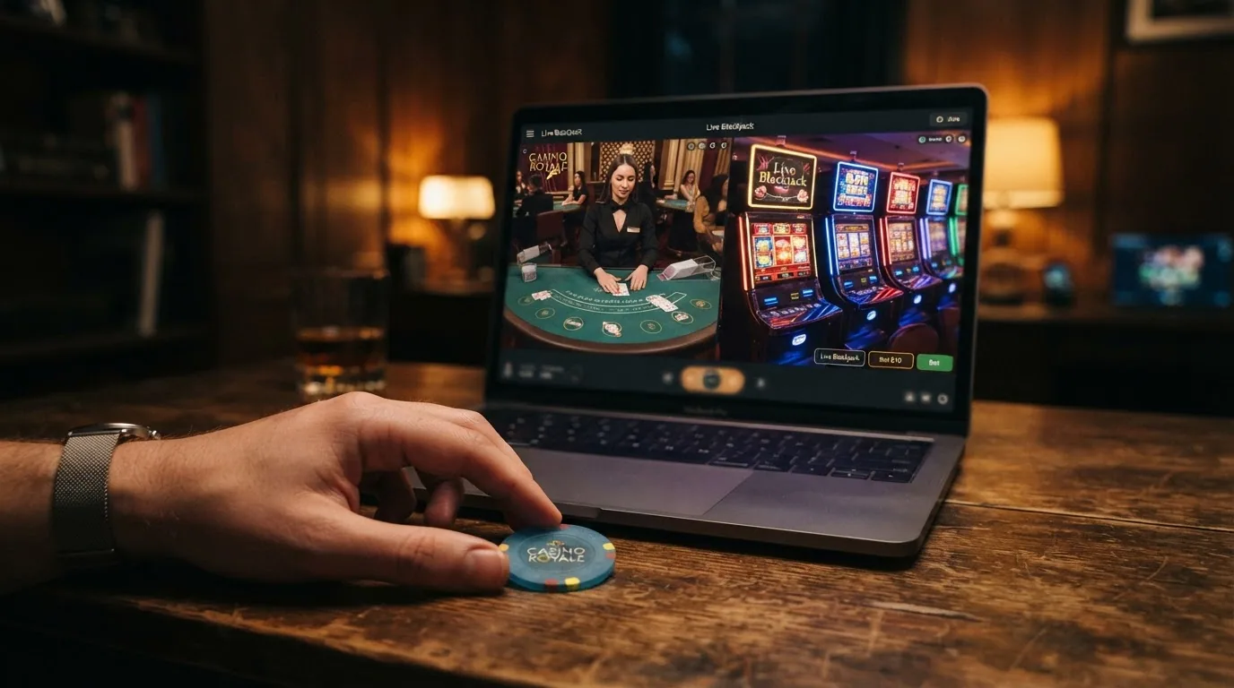 Eine Reihe von Spielautomaten und ein Live-Dealer-Tisch in einer Casino-Lobby-Ansicht