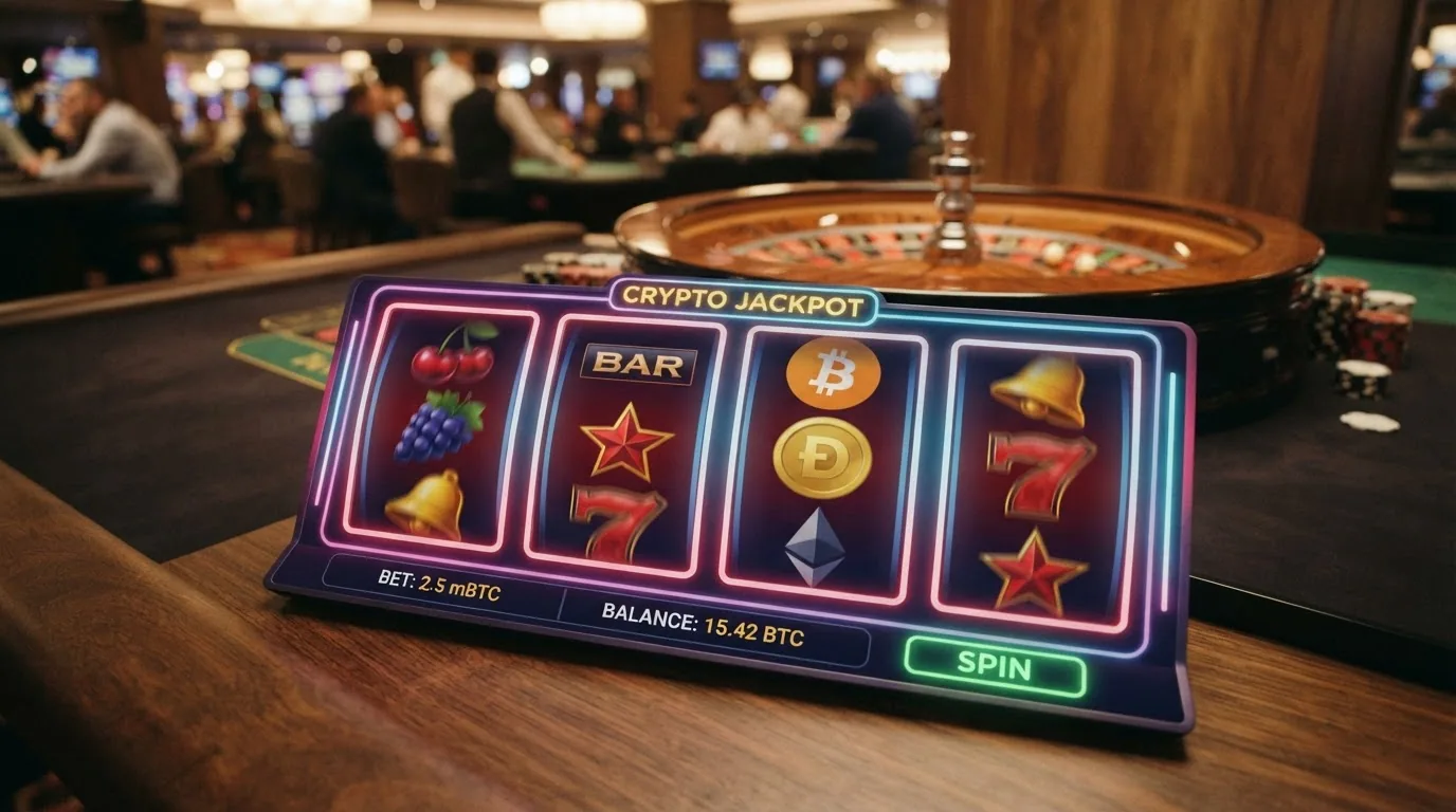 Eine Reihe bunter Slot-Walzen mit Symbolen wie Früchten, Glocken und Siebenern, im Hintergrund ein Roulette-Rad