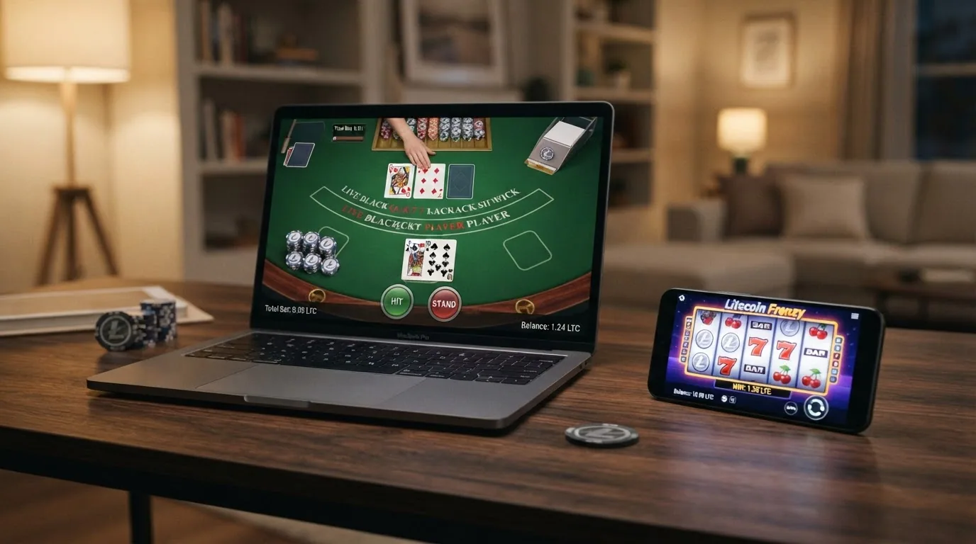Eine Collage aus Casino-Spielelementen: ein Blackjack-Tisch, ein Slot-Screen und ein Live-Dealer-Stream, jeweils mit einem LTC-Symbol in der Ecke