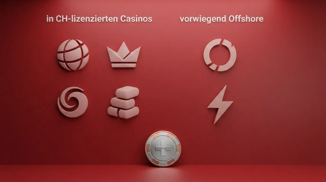Logo-Wand der wichtigsten Slot-Provider (Pragmatic Play, NetEnt, Evolution, Novomatic, Play'n GO, Greentube, Hacksaw, Push Gaming), unterteilt nach «in CH-lizenzierten Casinos» und «vorwiegend Offshore»