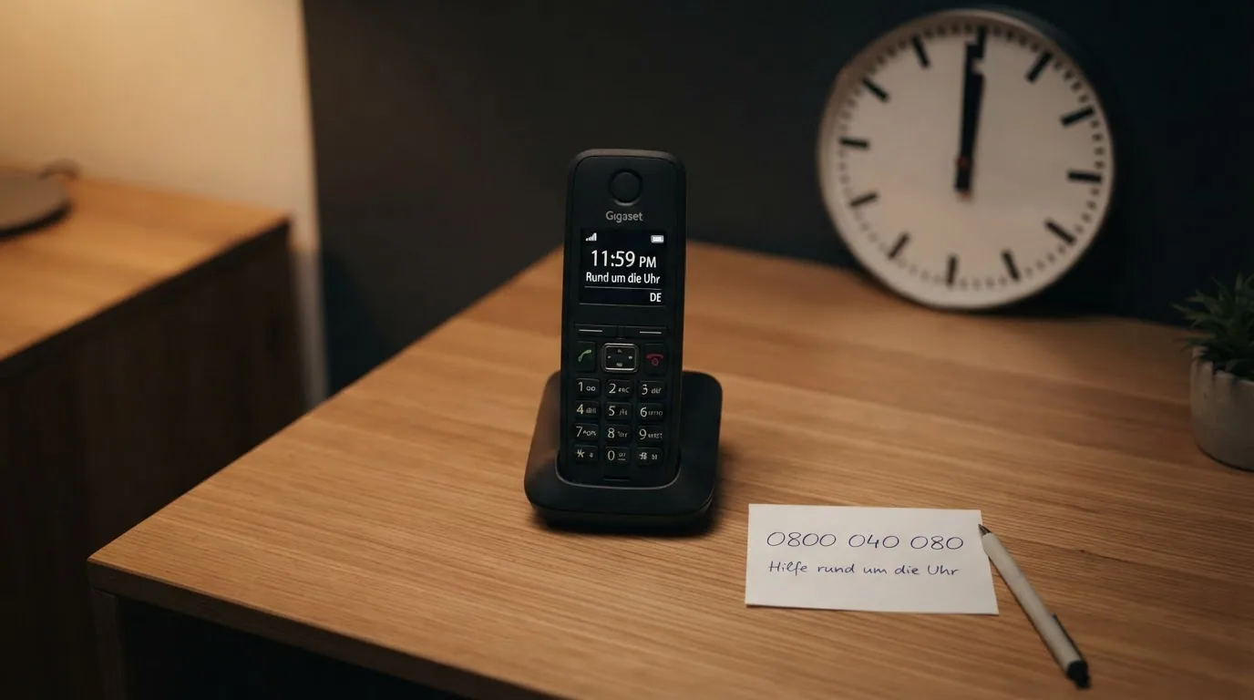 Nahaufnahme eines Festnetztelefons mit Notizzettel «0800 040 080», daneben eine Uhr die 24:00 zeigt