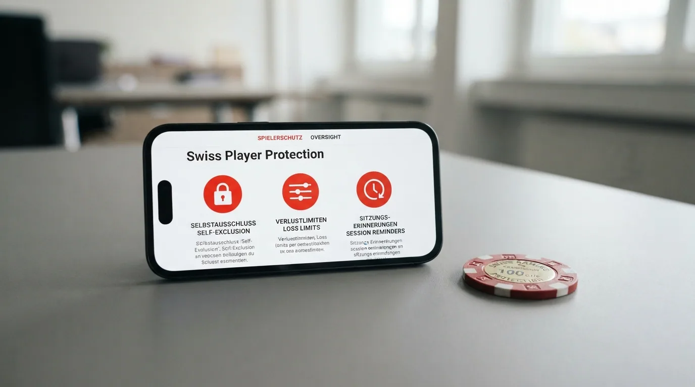 Schweizer Spielerschutz-Instrumente als Uebersicht: Spielsperre-Symbol, Verlustlimite-Anzeige und Einzahlungslimit-Regler