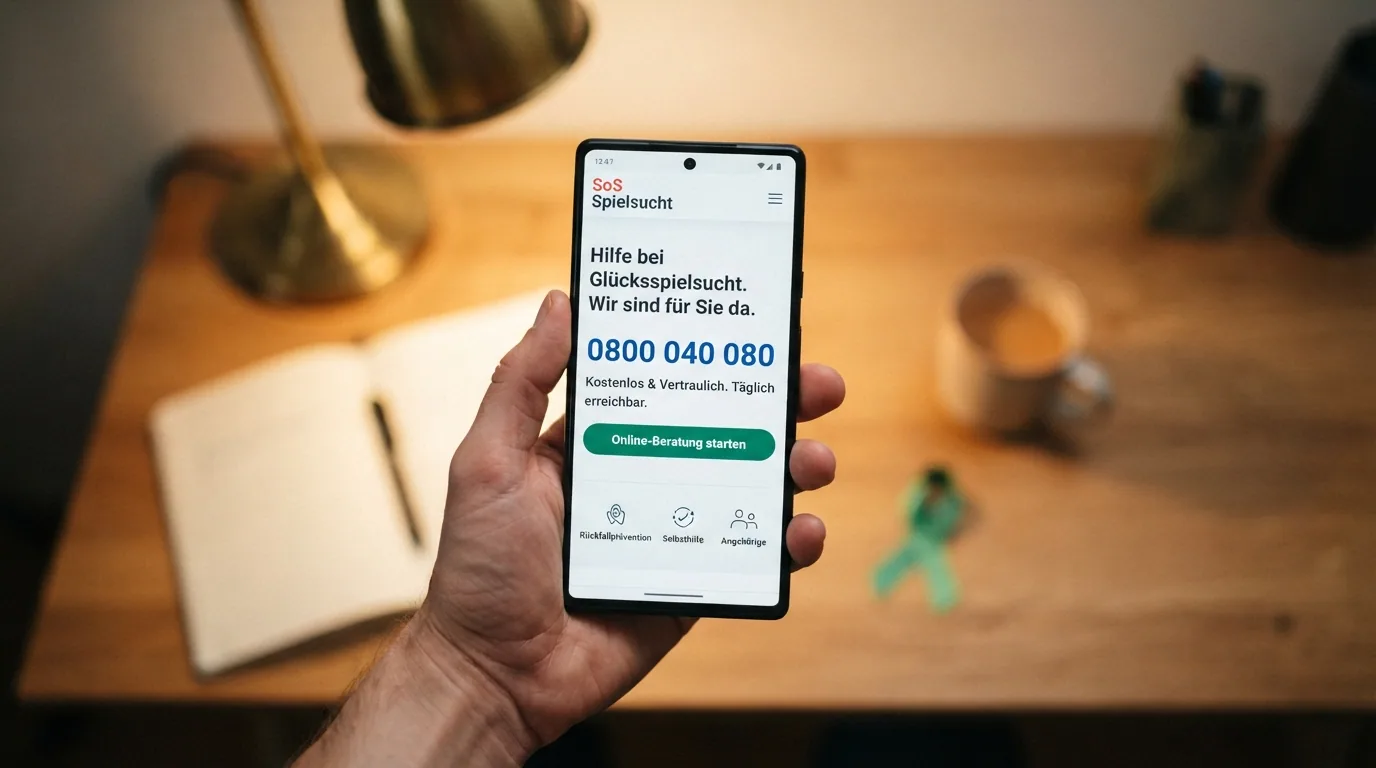 Das SoS-Spielsucht-Logo oder ein Helpline-Telefonhörer mit Schweizer Kreuz