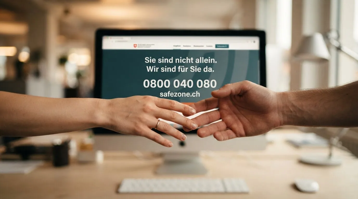 Ein helfendes Händepaar vor einem Bildschirm, der das Logo der interkantonalen Helpline 0800 040 080 und safezone.ch zeigt