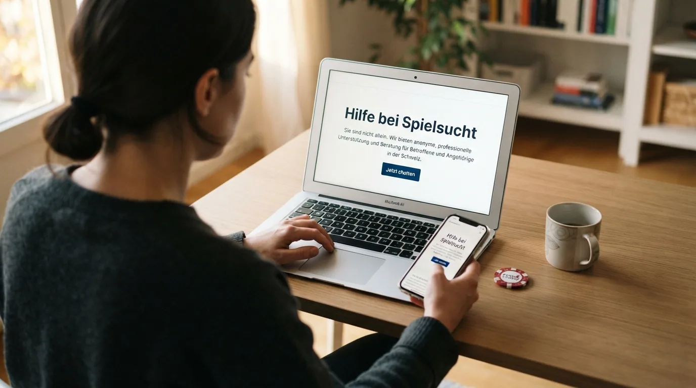 Bildschirm mit geöffneter SafeZone.ch- oder SOS-Spielsucht-Website