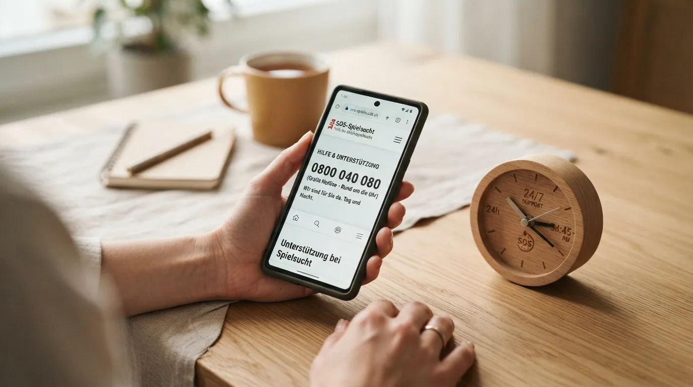 Ein Smartphone mit geöffneter SOS-Spielsucht-Website und der Helpline-Nummer 0800 040 080 im Display, daneben eine stilisierte Uhr mit 24h-Symbol