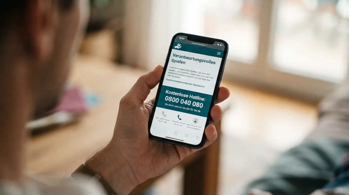 Aufnahme einer Hand, die ein Smartphone mit der geöffneten SOS-Spielsucht-Webseite und deutlich lesbarer Helpline-Nummer 0800 040 080 hält