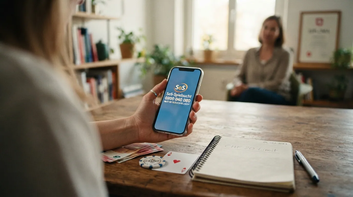 Telefon neben einer Spielkarte mit CHF-20-Limit und der Nummer 0800 040 080